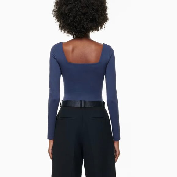 BABATON Contour Square Neck Navy Blue Crop Long Sleeve Minimalist Top sz S - Picture 2 of 7